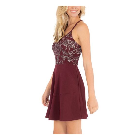 SPEECHLESS Womens Fit + Flare Short Dress Maroon Spaghetti Strap Party Juniors 0 - Picture 2 of 4